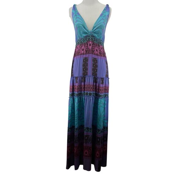 Hale Bob Dresses & Skirts - Hale Bob Size M SILK Maxi Dress Multicolor Purple Boho Deep V-Neck Mermaid